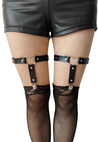 Women Leather Garters Sexy Heart Leg Garter Belt Kawaii Punk Rock Anti-Slip Clips Elastic Garter 2pcs