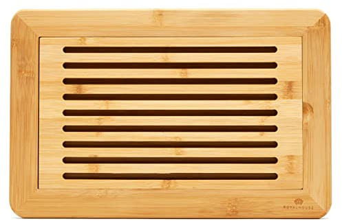 RoyalHouse Large Premium Natural Bamboo Bread Cutting Board with Crumb Tray, Bread Serving Tray for Kitchen