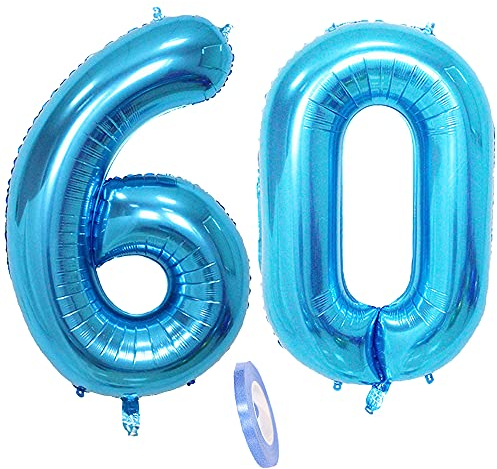 Folienballon Zahl Deko Blau 60 für Frauen Männer,XXL 100cm Riesen Nummer Aufblasbar Helium Ballon Blue Figuren Zahlen Luftballons für 60. Jahre Mann Frau Geburtstag Hochzeit Jubiläum Party Dekoration