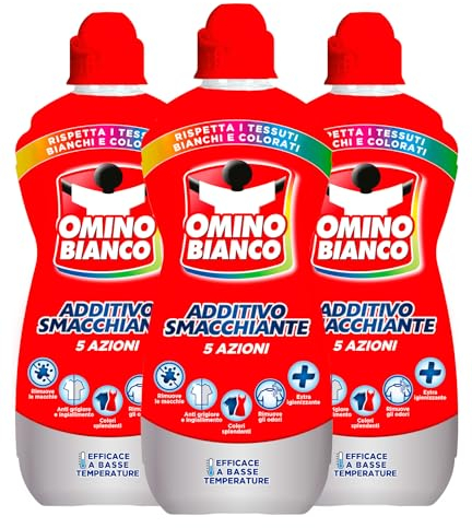 Omino Bianco Additivo Smacchiante Gel 5 Azioni in 1 per Bucato Igienizzante anche per Basse Temperature - 3 flaconi da 900 ml
