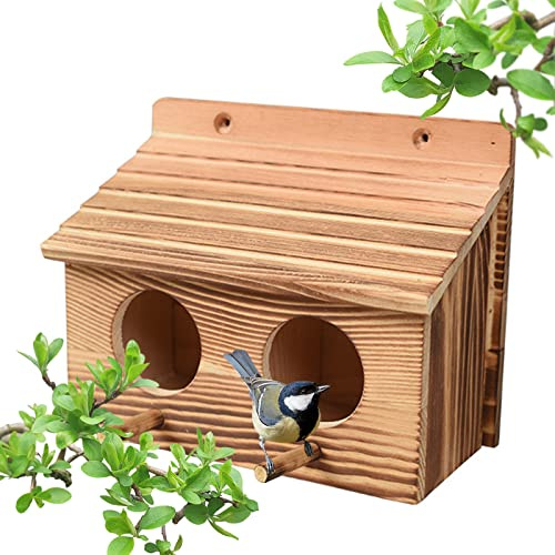 Bird House Wall Mounted for Robins, Bird Boxes Garden Small Birds, Bird Nesting Box Sparrow, Robin Nest Box Kit, Double 2 In 1 Wooden Bird Aviary with Doors Easy Cleaning Blue Tit Great Tits Wild Bird