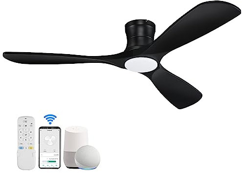 Hoenofly 52” Smart Wood Low Profile Ceiling Fan with Lights Remote,Quiet DC Motor,Outdoor Indoor Flush Mount Ceiling Fans Controlled by WIFI Alexa App,Modern Black for Bedroom Living Room Patio Porch