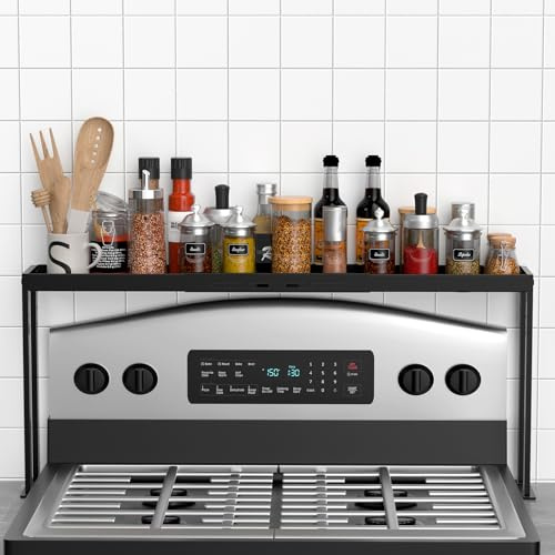 BOIVSHI Stove Top Shelf, Kitchen Over Shelf for Stove, Stove Spice Rack for Top, Adjustable 27-33inch, Fits Various Stove Lengths, Kitchen Spice Organizer, Condiments and BBQ Sauces, Black