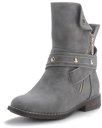Queentina Damen Stiefeletten warm gefüttert Nieten Boots Biker Stiefel BH201 Grau 41