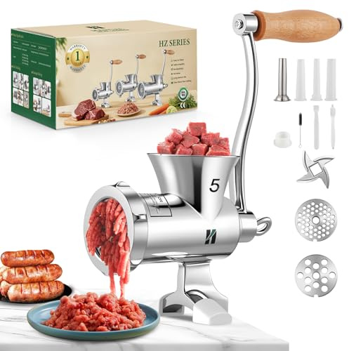 Huanyu Meat Grinder Manual Stainless Steel - Heavy Duty, Sausage Tubes, Compact with Table Clamp, Meat Grinders for Home Use, for Chicken, Beef, Small Bones, Chili HZ-5