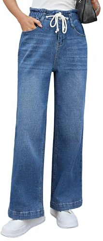 Roskiky Pants for Women Wide Leg Jeans Baggy Jeans Ladies Pants Stretch High Wasited Elastic Waist Blue XL