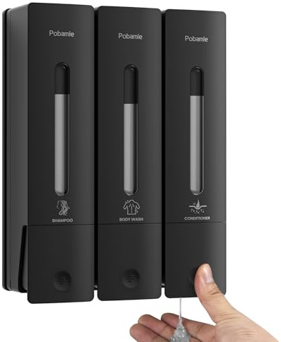 Pobamle shower soap dispenser wall mounted no drill shampoo and conditioner dispenser 3 chamber black