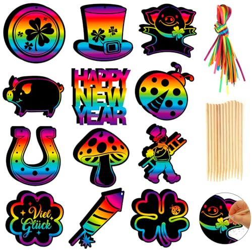 HOWAF 36 Stück Silvester Spiele Glücksbringer Kratzbilder, Happy New Year Kratzpapier Glücksschwein Kleeblatt Hufeisen Neujahrsglücksbringer Neujahrskarten für Geschenk Silvester Deko 2026