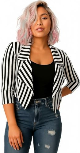 HUBIBUBI Women's ¾ Sleeves Vertical Black & White Stripes Print Open Front Waterfall Crop Blazer Jacket Coat Plus Size S-2XL Soft Fabric Casual Outfit (UK, Alpha, M, Regular, Regular, White & Black)