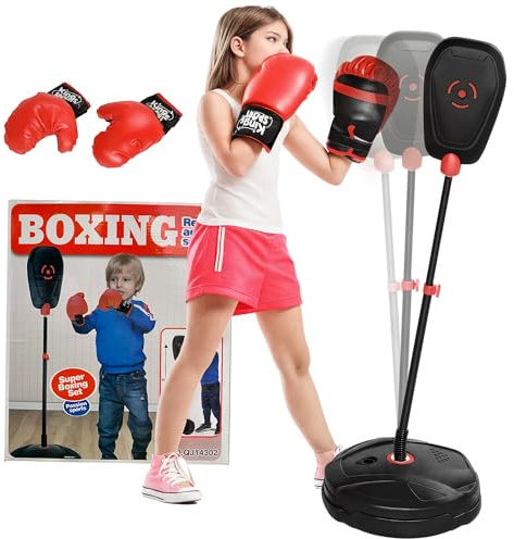 AIYAPLAY Sac de Frappe Enfants Punching Ball sur Pied pour Enfants 5-10 Ans avec Gants et Base de lestage, Sac de Boxe réglable en Hauteur 88 à 124 cm, Noir