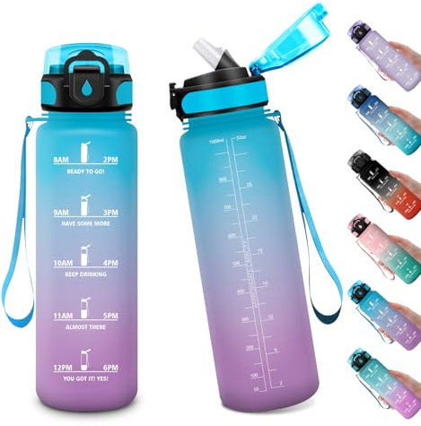 Gourde Sport 1L, Gourde Sport avec Paille, Bouteille d'eau Sport Étanche, Bouteille Reutilisable, Gourde pour 1 Journee, Gourde Motivation pour Enfant, Adulte, Randonnée, l'école, Fitness, Yoga
