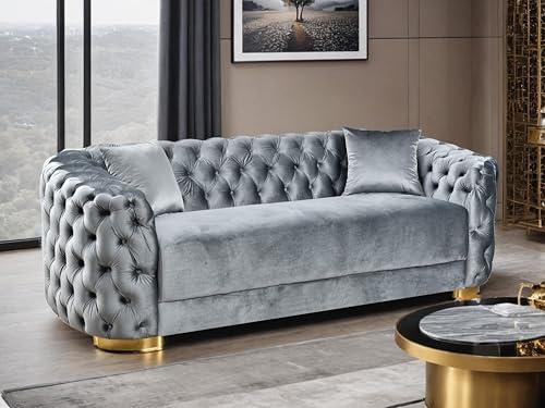 THSUPER 89'' Luxury Victorian Velvet Couch, 3 Seater Vintage Button Tufted Chesterfield Sofa with Wide Armrest, Gray Modern Unique Sofas with 2 Pillows and Gold Metal Legs for Living Room