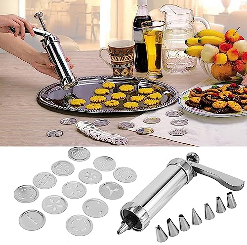 Cookie Press Gun Kit, Stainless Steel Biscuit Press Baking Tools Accessories Churro Maker with 13 Cookies Mold and 7 Piping Nozzle for DIY Biscuit Cake Dessert Making