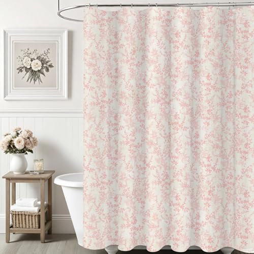 Ksriylm Farmhouse Elegance Floral Shower Curtain for Bathroom Decor,Linen Cotton Bathroom Curtains with12 Hook,Cloth Flower Leaves Waterproof Bathtub Curtain with 72 W x 72 L,Pink