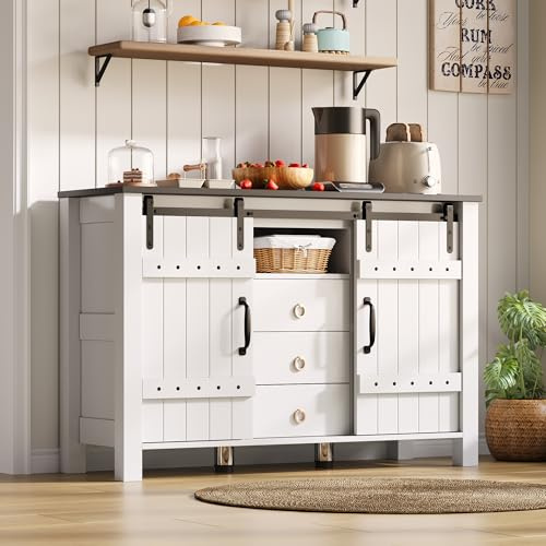 Aparador blanco, cómoda con puertas correderas y 3 cajones, armario de cocina con encimera, cómoda de cocina, color blanco, para cocina, salón, comedor, estante ajustable, 120 x 40 x 80 cm (estilo B)