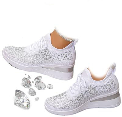 Women's Glittery Rhinestone Fashion Breathable Wedge Sneakers, Sparkly Bling Wedding Dressy Tennis Shoes for Bride, Orthopedic Wedge Sneakers (5,White)