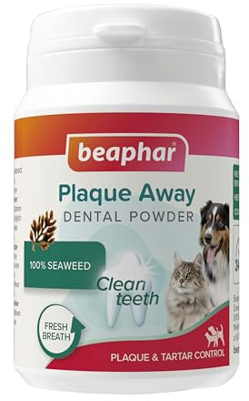 BEAPHAR – Plaque Away – Poudre Dentaire pour Chien et Chat – sans brossage ni rinçage – Combat la Mauvaise haleine et la Formation de Plaque Dentaire et de tartre – 100% algue Brune – 80g
