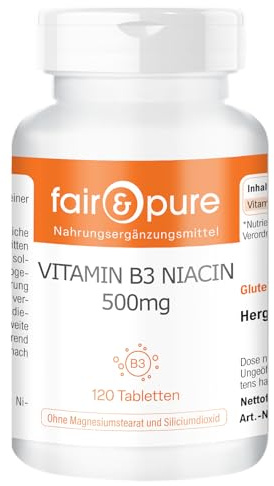 Fair & Pure Vitamin B3 Niacin 500mg, 120 stycken, 500mg vitamin B3 per tablett, lättsvälta, veganskt kosttillskott utan tillsatser, tillverkat i Tyskland
