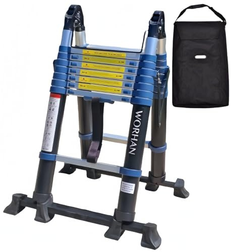 WORHAN 5m Scala Alu Doppia Telescopica con 2 Stabilizzatori Telescopici Estensibile Pieghevole Multiposizione Multifunzione Multiuso in Alluminio Nuova Generazione 500cm K5A+bag