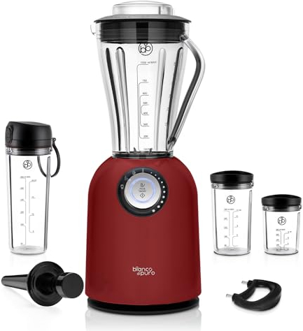 bianco di puro Hochleistungsmixer Attivo bis 24.500 U/Min Smoothie Maker inkl. Sport-To-Go Mixbecher, 3 Mixprogramme, 10 Mixstufen, 6 Edelstahlklingen, Stopfer, 1L Tritan-Kunststoff, BPA-frei