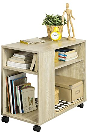 SoBuy Side Table with Wheels, 2-Tier Rolling End Table with Storage Shelves, Mobile Bookcase for Living Room, Bedroom, Office, L70 x W35 x H60cm Natural FBT34-N