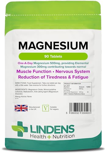 Lindens 500mg Magnesium Tablets | 90s 1-a-Day | UK Made | Tiredness, Muscle Function, Energy, Bones, Teeth, Nervous System | Letterbox Friendly | Vegan