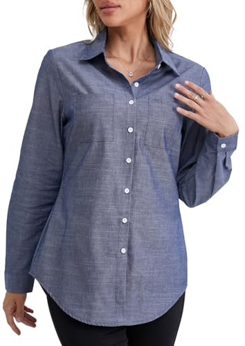 Fuinloth Dam långärmad skjorta knapp ner blus jeans bomull V-ringad T-shirt eleganta toppar Mörkblå 34-36