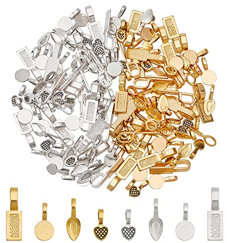 NBEADS 160 Stück Tibetische Legierung Kleber Auf Kautionen Anhänger, 8 Stile flache Pad Bails Rechteck Herz Flache Runde Tropfen Bails Stecker Kleiderbügel für Schmuckherstellung, Antiksilber/Golden
