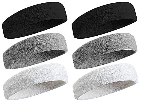6 x Schweißband-Sport-Stirnband für Männer und Frauen, feuchtigkeitsableitend, athletisches Baumwoll-Frottee-Schweißband,Leistungs-Stretch und Feuchtigkeitstranspor