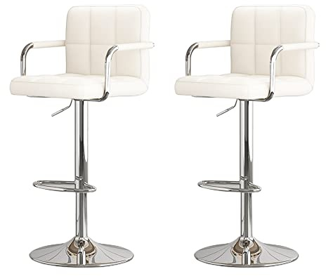 TUITUI Pack de 2 Taburetes de Bar Tapizado con Reposabrazos,Taburetes Altos de Cocina Moderno con Respaldo y Reposapiés, Sillas de Bar Altura Regulable, Piel Sintética y Metal (Blanco), 43,5×38×87 cm