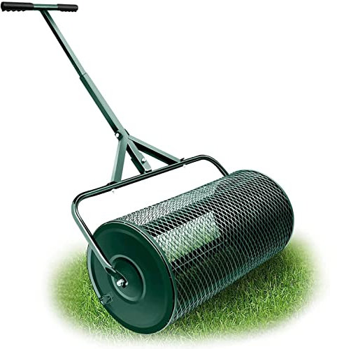 Spargitore di compost Spargitore di muschio di torba da 24 pollici con manico a forma di T aggiornato per piantare spargitori di semina, prato e giardino Spargitori di letame Rullo per la cura di