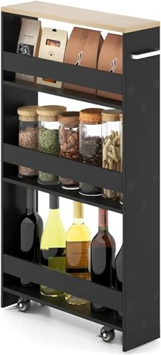 GIANTEX Carrito Auxiliar 4 Niveles, Carro de Almacenamiento Estrecho con 4 Estantes, Ruedas y Asa, Carro de Servicio Compacto para Cocina, Baño, Salón (Negro+Natural, 47,5x13x80,5 cm)