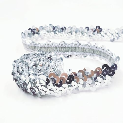 50M * 20mm Glänzendes Geflochten Zierband Pailletten Band Stretch Glitzer Borte aus Dekoband Für Kleiderverzierung Und Stirnband Nähen, Schmuck Machen, Basteln, Kleid Dekorieren -Silber