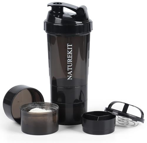 NATUREKIT Shaker Bottle,Protein Shaker with Powder Storage Container 18oz, Leak Proof and Durable, Gym Bottle Portable Pre Workout for Mix & Drink Shakes & Smoothies,Black