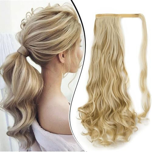 Dcbaboo Coda Capelli Extension Ricci 60cm Coda Finta Capelli Sintetici Posticci per Capelli Ondulati Extension Coda Capelli Finti Clip Coda di Cavallo Mossi Lunghi Ponytail, Biondo & Sandy Blonde