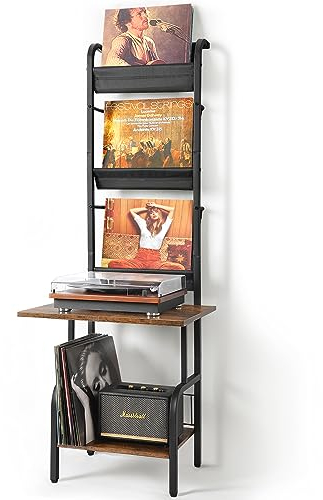 Bikoney Vinyl Record Storage with Player Stand, Turntable Stand and Display Shelf for Up to 200 Albums, Vinyl Record Holder Cabinet with Wall Mount, Record Player Table for Living Room or Bedroom