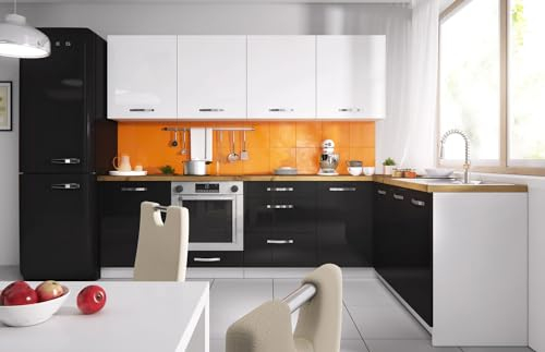 Feldmann Preiswert Wohnen L-Form Küchenzeile 'Essen Trend' Küchenblock 303x180cm weiß Front weiß - schwarz Acryl Hochglanz