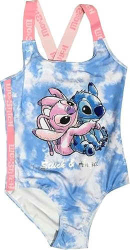 Disney Lilo & Stitch Girls Swimming Costume, One Piece Swimsuit, Kids Swimwear Featuring Stitch & Angel, Blue, Age 7-8 Years