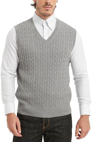 Kallspin Maglione da uomo in puro cotone lavorato a maglia con scollo a V, versatile, leggero, vestibilità rilassata, senza maniche, Grigio chiaro, XL