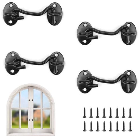 AMONENZ 4 Pezzi 75 mm Gancio Chiusura Porta, Nero Acciaio Inossidabile Gancio Porta, Serratura a Gancio per Cancello con Viti, per Chiudere Finestre, Persiane, Porte Fienili, Garage Capannoni