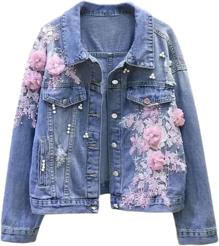 Suncadmious Women's Spring Embroidered Flower Short Denim Jacket Floral Embroidered Cropped Denim Jacket Embroidered Cubic Flower Short Denim Jacket