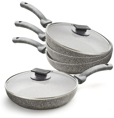 Sicignano | Juego de sartenes con forma de corazón de piedra, antiadherentes, antiarañazos, de aluminio efecto piedra, fondo universal para gas, inducción, vitrocerámica eléctrica (con tapa, 20/24/28