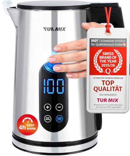 Turmix Wasserkocher mit Temperatureinstellung – 1,7L Digitaler Wasserkocher edelstahl mit LED-Anzeige, 40–100 °C, Warmhaltefunktion, Cool-Touch, 2200W