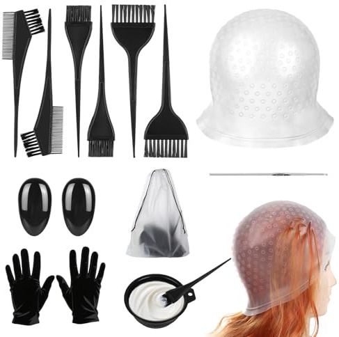 13 Pezzi Pennello per Tinta Capelli, Pennello Tinta Capelli con Cuffia per Mèches, Ciotola Pieghevole, Pettine per Tintura Capelli, Copriorecchie, Guanti Ago, Kit Tinta Capello Fai Da Te per Donne