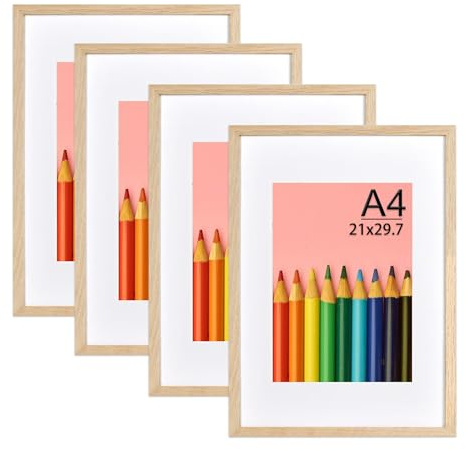 LYYYYX Marco para fotos DIN A4, 21 x 29,7 cm, en madera con paspartú, con vidrio acrílico para colgar/colocar vertical u horizontalmente, en madera, para fotos, pósters, rompecabezas, set de 4