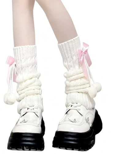ACOLY Ett par Y2K-benstrumpor med Harajuku-motiv, kawaii-benvärmare med rosetter, ribbstickade benvärmare från 80-talet (rosa rosetter)