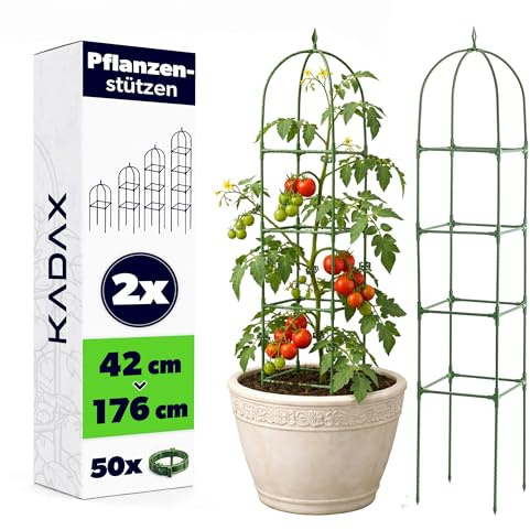 KADAX Obelisco per Piante Rampicanti - 176 x 32 cm 2 Pezzi con 50 Clip - Supporto per Pomodori - Struttura in Metallo con Rivestimento in Plastica anti corrosione e anti graffio