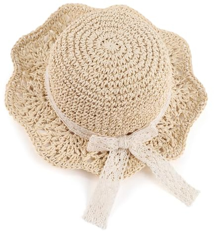 Aiyomimo Toddler Straw Hat with Bow - Soft Foldable Baby Sun Hat for Girls, UPF 50+ Breathable Cap for Summer Beach Outdoor Play