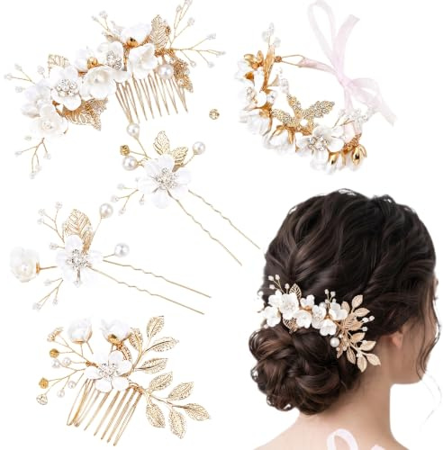 Bekecidi Pince Cheveux Mariage, 4 Épingles à Cheveux Blanches + 1 Bracelet | Perle Strass Motif Fleur, Accessoire Cheveux Élégant, Idéal pour Mariée, Demoiselle d'Honneur, Cérémonie, Soirée, Photos