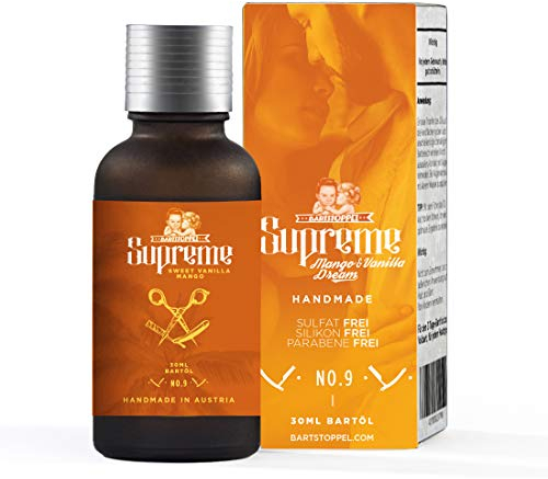 Bartstoppel® Supreme - Olio da barba alla vaniglia mango, profumo da uomo, per la cura quotidiana della barba, contro la forfora, olio di barba, vegano, con olio di ricino per la crescita della barba